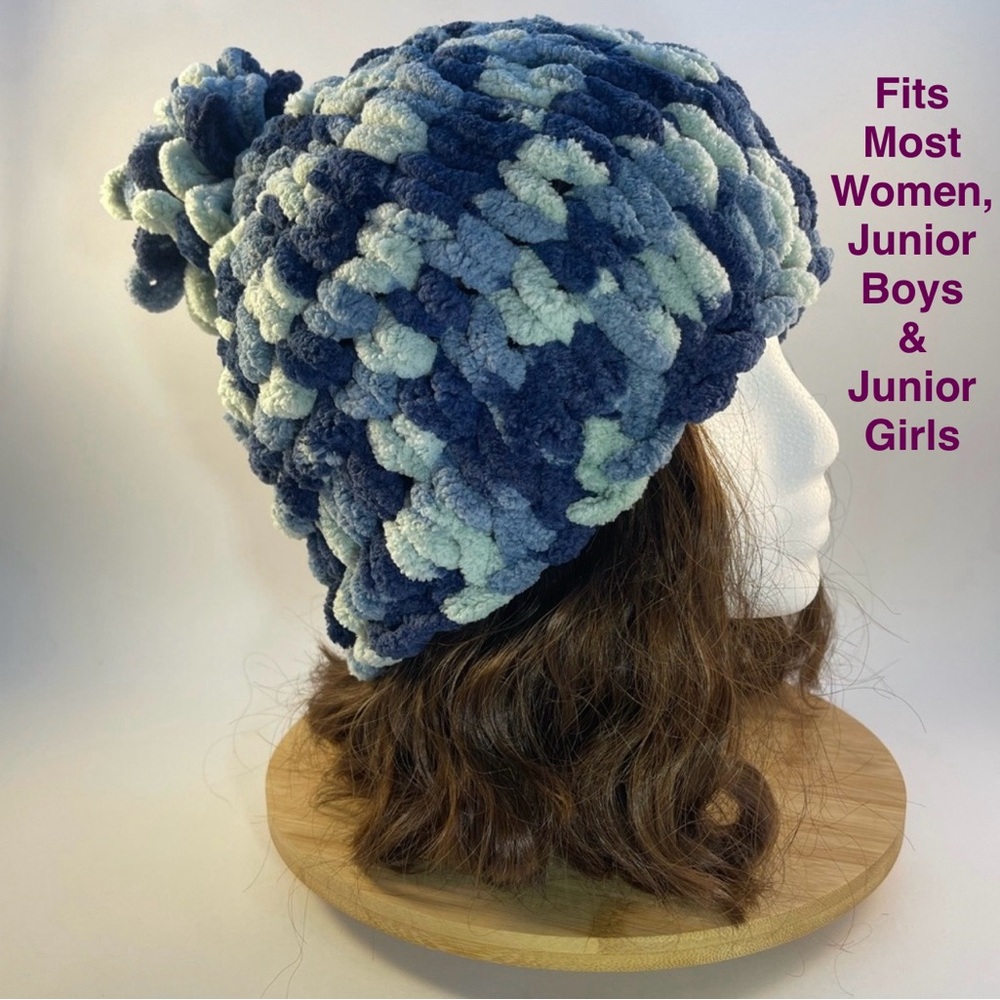 Handmade Women’s/Junior’s Winter Hat With Loopy Pom-Pom - Variegated Blue
